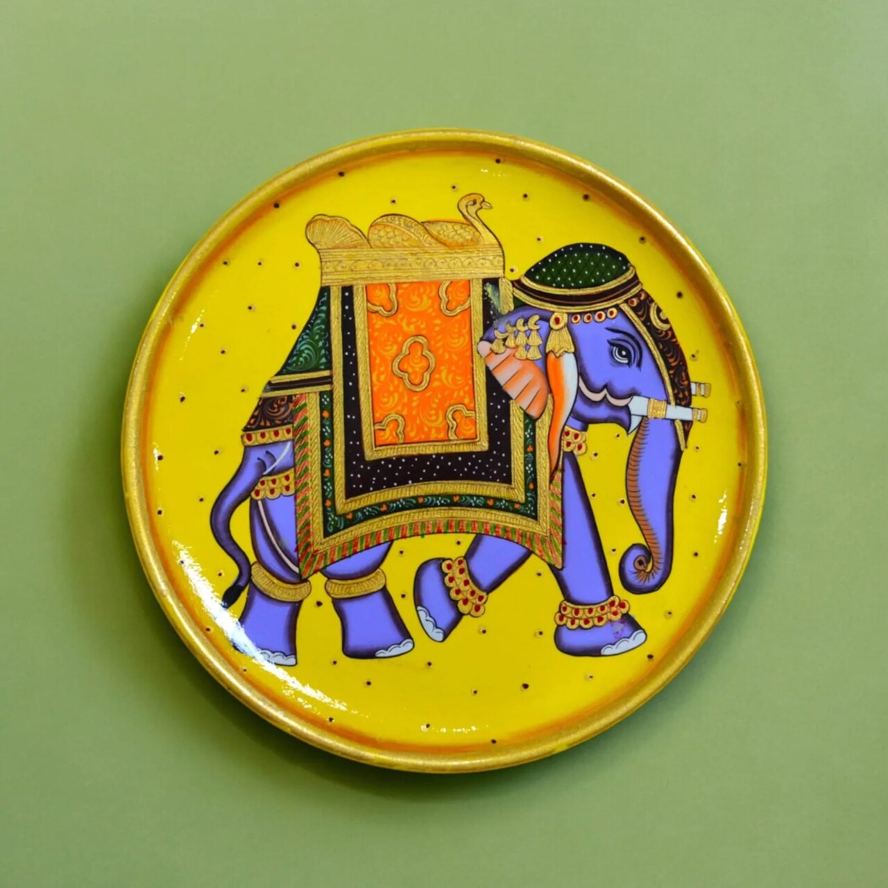 Decorative Plates Traditional Indian Wall Hanging Ornament Hand Painted Boho Round Display Wooden Plate for Home Office Kitchen Wall Décor - Diwali Housewarming Gift